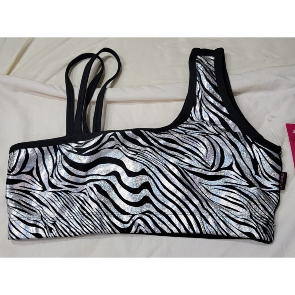 NWT Kos USA L 1 Shoulder Med-Impact Dance Sports Bra 7348 Glitter Zebra 117440